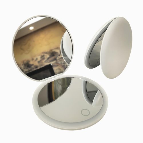 MONKEY SUN LED Mini Makeup Mirror, Compact Folding Travel Mirror with Touch Control, Round, White, 3.5 inch