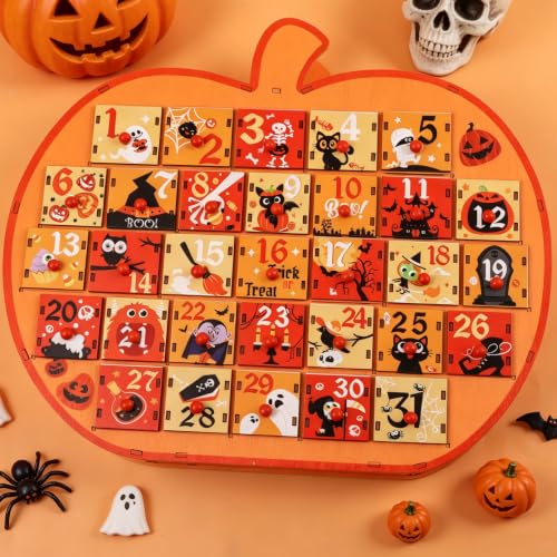 Halloween Pumpkin Countdown Calendar - Wooden Advent Box with Storage Drawers - Orange, 31 Days