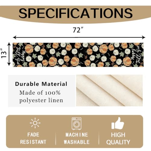 Fall Table Runner 72 Inch Long Pumpkin Autumn Decor for Home - Black 13x72