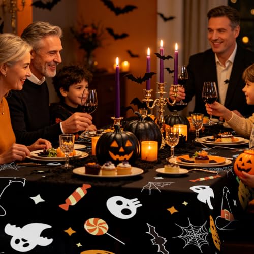 Halloween Pumpkin Ghost Plastic Tablecloth Set - Rectangle, 54x108 Inches, 8 Pack