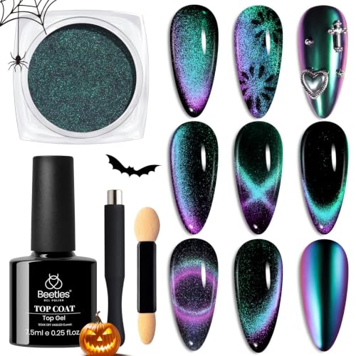 Beetles Cat Eye Chrome Nail Powder Set - Blue Holo 1 2-in-1 Holographic Effect