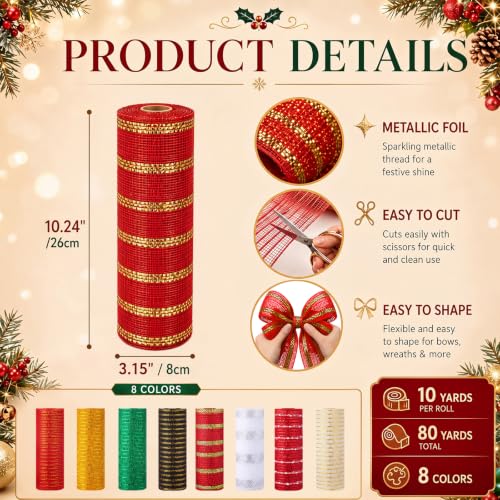 Christmas Mesh Ribbon Rolls - 8 Pack, 10 Inch x 30 Feet, Holiday Wreath Decoration - Variation: Christmas