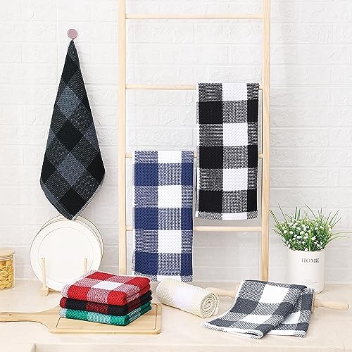 White & Black Check Cotton Waffle Weave Kitchen Towels 13x28 Inches - 4 Pack