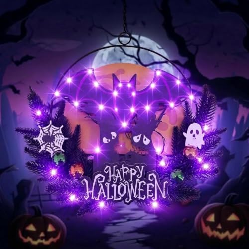 Pre-Lit Halloween Wreath for Front Door with Bat Decoration, Lighted Witch, Timer Function