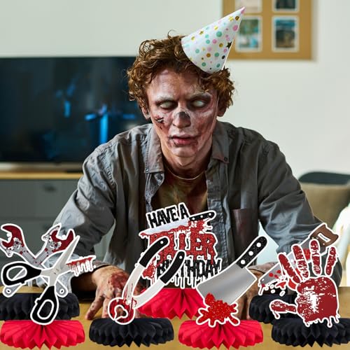 Halloween Horror Themed Honeycomb Centerpieces for Birthday Party Decorations - Bloody Knife Vampire Zombie Decor