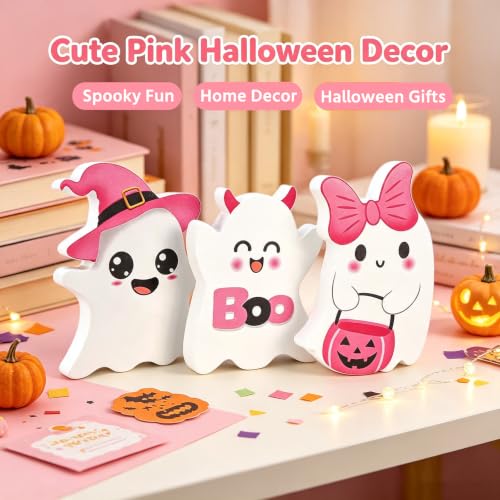 Pink Ghost Halloween Decor - 3 Pcs Wooden Table Centerpieces, Tiered Tray Signs