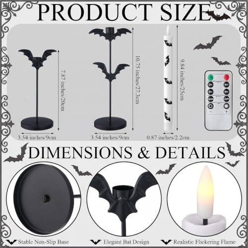 Halloween Bat Flameless Candles Set with Remote Timer - Gothic LED Tapers for Spooky Decor