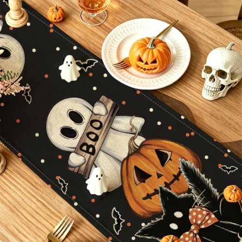 Halloween Table Runner 13x72 Inch Polka Dot Ghost Pumpkin Cat Decor - Black
