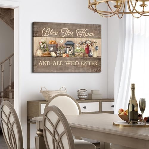 Bless This Home Farmhouse Wall Art Sign - Rustic Kitchen Decor 16x24 Inches