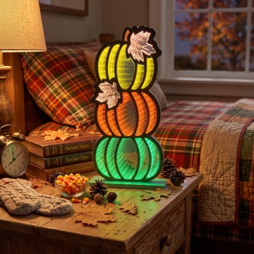 Fall Pumpkin Infinity Mirror Tunnel Lights - 3 Stacked Pumpkins for Autumn Decor, Yellow Orange Green Variation