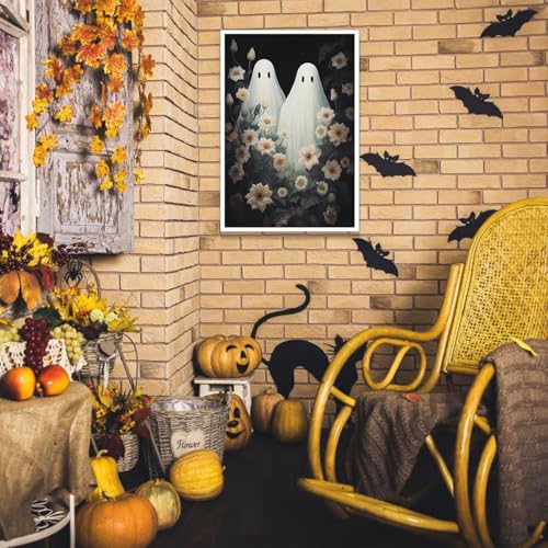 16x12 Ghost Wildflowers Halloween Wall Art Canvas Unframed - Dark Academia Decor
