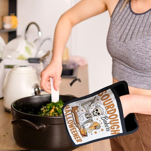 Halloween Skeleton Pot Holders with Pockets - Heat Resistant Oven Mitts for Baking & Cooking