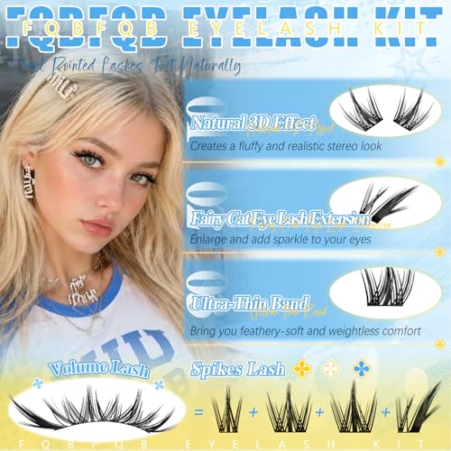 Eyelash Clusters Kit with Glue, Tweezers & Brush - Fox Eye & Manga Style DIY Lashes