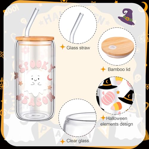 Halloween Ghost Glass Cups with Lids & Straws - 6 Pack, 16 oz - Pink Ghost Variation