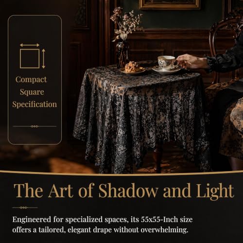 Halloween Black Lace Tablecloth - Gothic Rectangular 55x70 Inch for 4-6 Seats - Dark Academia Style