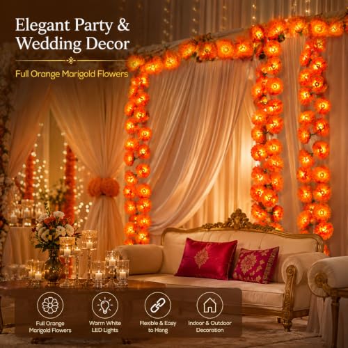 3 Pack LED Marigold Garland with Lights for Fall Halloween and Diwali Decor