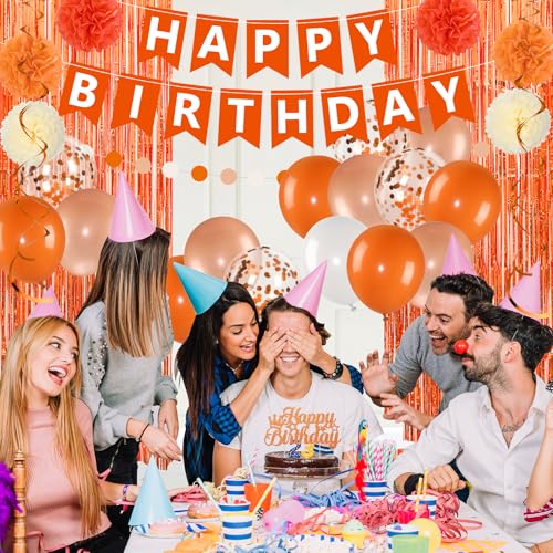 Orange Birthday Decorations Set with Banner Balloons & Curtain - Fall Halloween Party Supplies