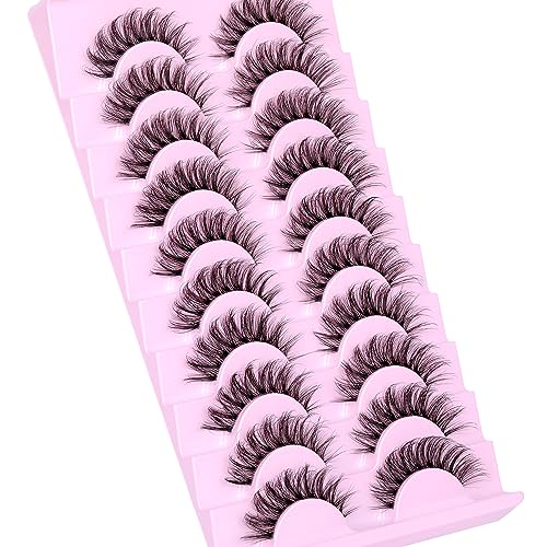 Cat Eye Lashes Fluffy D Curly False Eyelashes 14mm 3D Wispy Strips - 10 Pairs