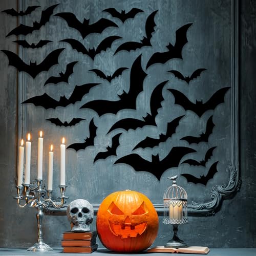 Halloween Bat Decorations Set - 24 Hanging & Wall Bats for Indoor Outdoor Spooky Decor