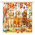 Orange Fall Dog Shower Curtain with Pumpkin & Maple Leaves - 70x70 Inches, Rustic Bathroom Decor with Hooks