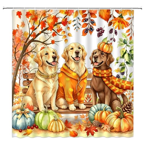 Orange Fall Dog Shower Curtain with Pumpkin & Maple Leaves - 70x70 Inches, Rustic Bathroom Decor with Hooks