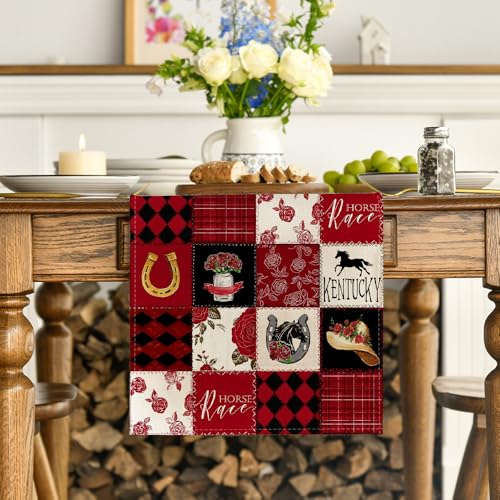 Plaid Horseshoe Roses Table Runner 13x72 Inch for Kitchen Dining Home Decor