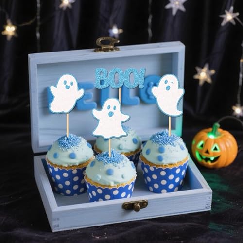 Blue Halloween Ghost Cupcake Toppers - 24 Pcs Party Decor, No Assembly
