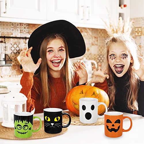 Halloween Ceramic Mug Set - 4 Pack 12oz Pumpkin Cat Ghost Monster Coffee Cups