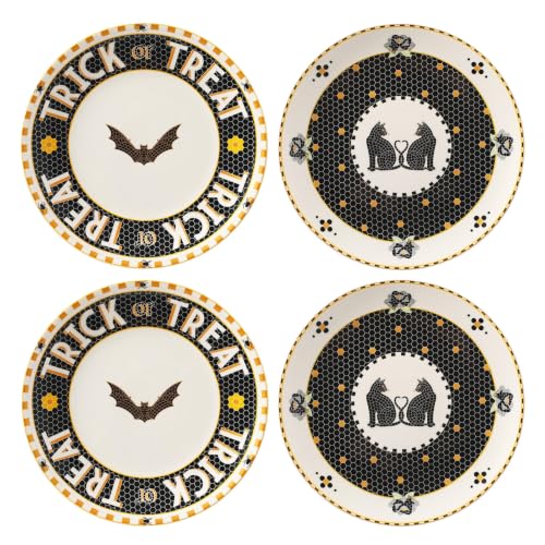 Halloween Ceramic Dessert Plates Set - 4 Pcs Tile Stoneware with 24k Gold Accents