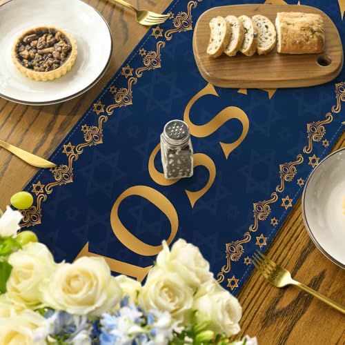 Blue Pesach Star of David Table Runner 13x72 Inch - Passover Holiday Decor