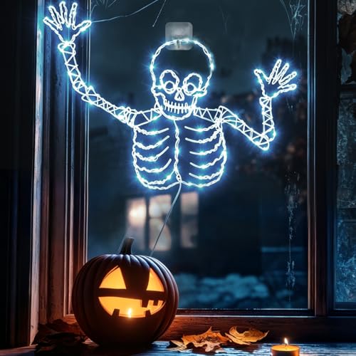 Halloween Skull Window Lights - Wrought Iron Skeleton Decor with 8 Lighting Effects & Timer, 21 Inch