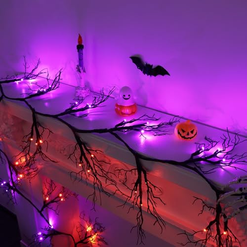 Lighted Halloween Garland with Orange & Purple LEDs - 9 Ft Battery Operated Decor with 8 Modes & Timer