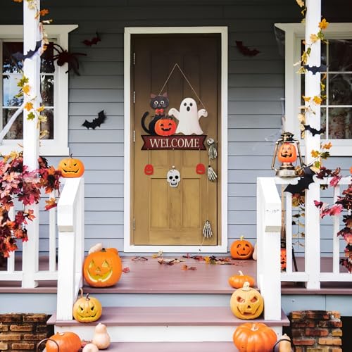 Halloween Welcome Sign Hanging Wood Decor - Ghost, Cat, Pumpkin & Skull
