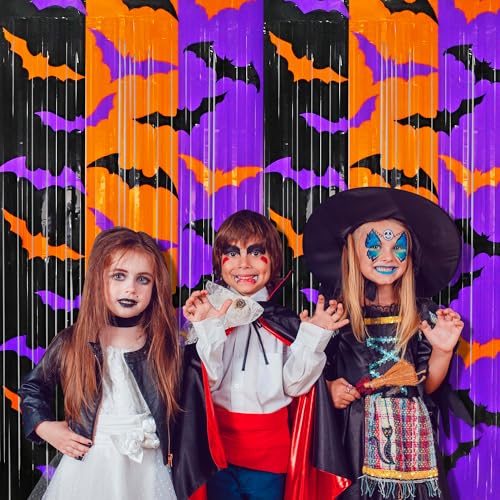 Halloween Foil Fringe Curtains 2 Pack - Orange Purple Black Bat Pattern Party Backdrop