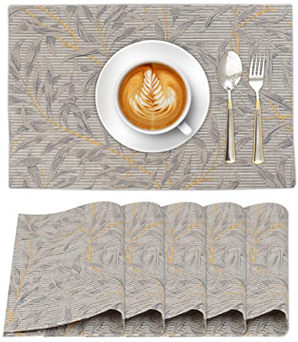 Cotton Placemats Set of 6 - 13x19 Inch Leafy Reversible Table Mats