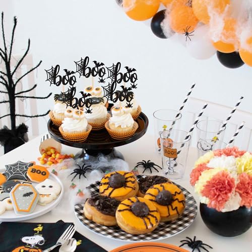 Halloween Boo Cupcake Toppers Glitter Spider Web Bat Set - Pattern A4, 24 pcs