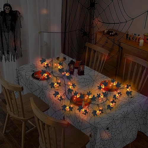 9FT Halloween Willow Vine Garland with Pumpkin & Orange Lights - Black, 8 Modes, Waterproof, Indoor Decor - Orange