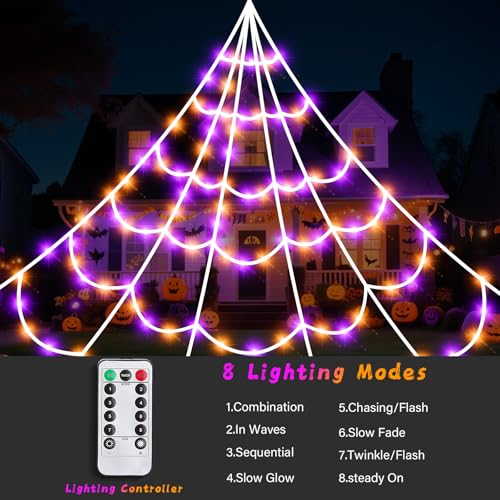 Halloween Spider Web Lights - 250 LED 16.4 Ft Outdoor Indoor Decoration with 8 Modes, Purple & Orange, Variation of THIS listing