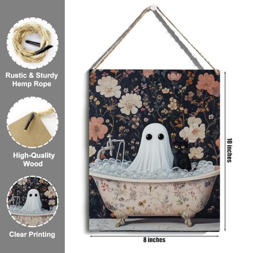 Halloween Wooden Wall Sign - Cute Ghost & Black Cat Decor C-3