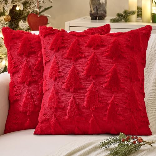 22x22 Holiday Christmas Throw Pillow Covers Set of 2 - Red Tree Design Soft Plush Faux Wool Winter Home Decor