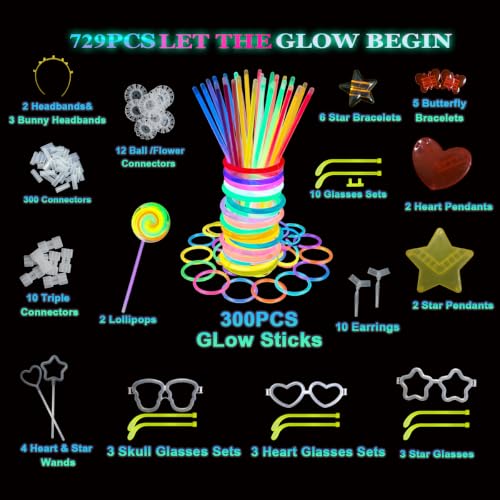 729 Pcs Glow Sticks & Accessories Bulk Party Pack for Events - Neon Glow in the Dark