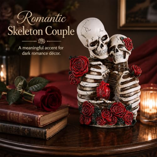 Skeleton Couple Figurines Halloween Day of the Dead Decor Gothic Valentine Statue - White & Red