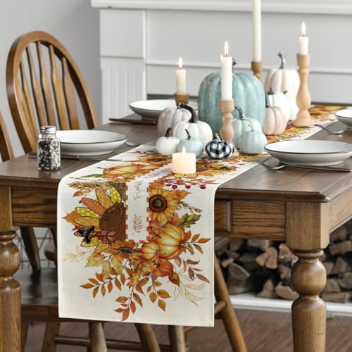 Sunflower Turkey Leaves Thanksgiving Table Runner 13x108 Inch - Beige Fall Decor