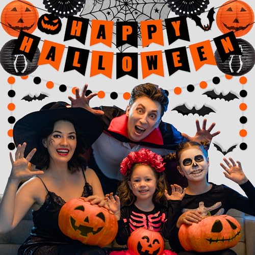 Halloween Decorations Indoor Set with Paper Lanterns Bat Stickers Banner & Mantel Scarf