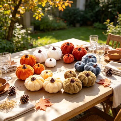 Velvet Mini Pumpkins Fall Decor Set - 18 Pcs Rustic Harvest Accessories