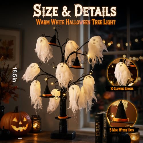 Halloween Indoor Decor with Ghost and Witch Hat Light - Spooky Tabletop Centerpiece