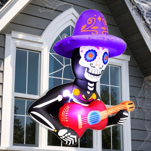 3.5 Ft Day of The Dead Inflatable Skeleton Decor with LEDs for Halloween & Dia De Los Muertos