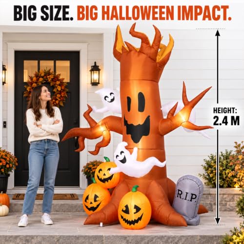 8FT Halloween Inflatable Ghost Tree Decoration with Pumpkins and Tombstone