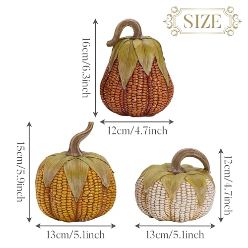 Large Fall Pumpkin Decor Set of 3 - Lifelike Resin Corn Pattern Figurines for Indoor & Outdoor Autumn Thanksgiving Halloween