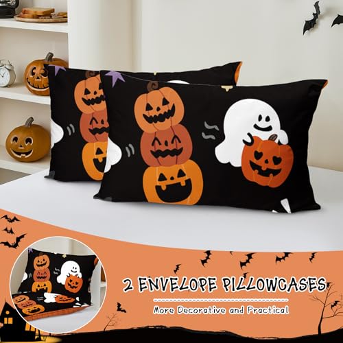 Queen Halloween Duvet Cover Set - Reversible Black Ghost Bedding 90x90